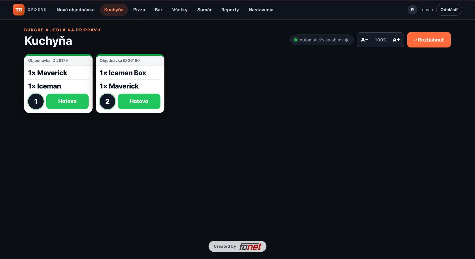Screenshot systému TG ORDERS: Monitor v kuchyni – aktívne objednávky