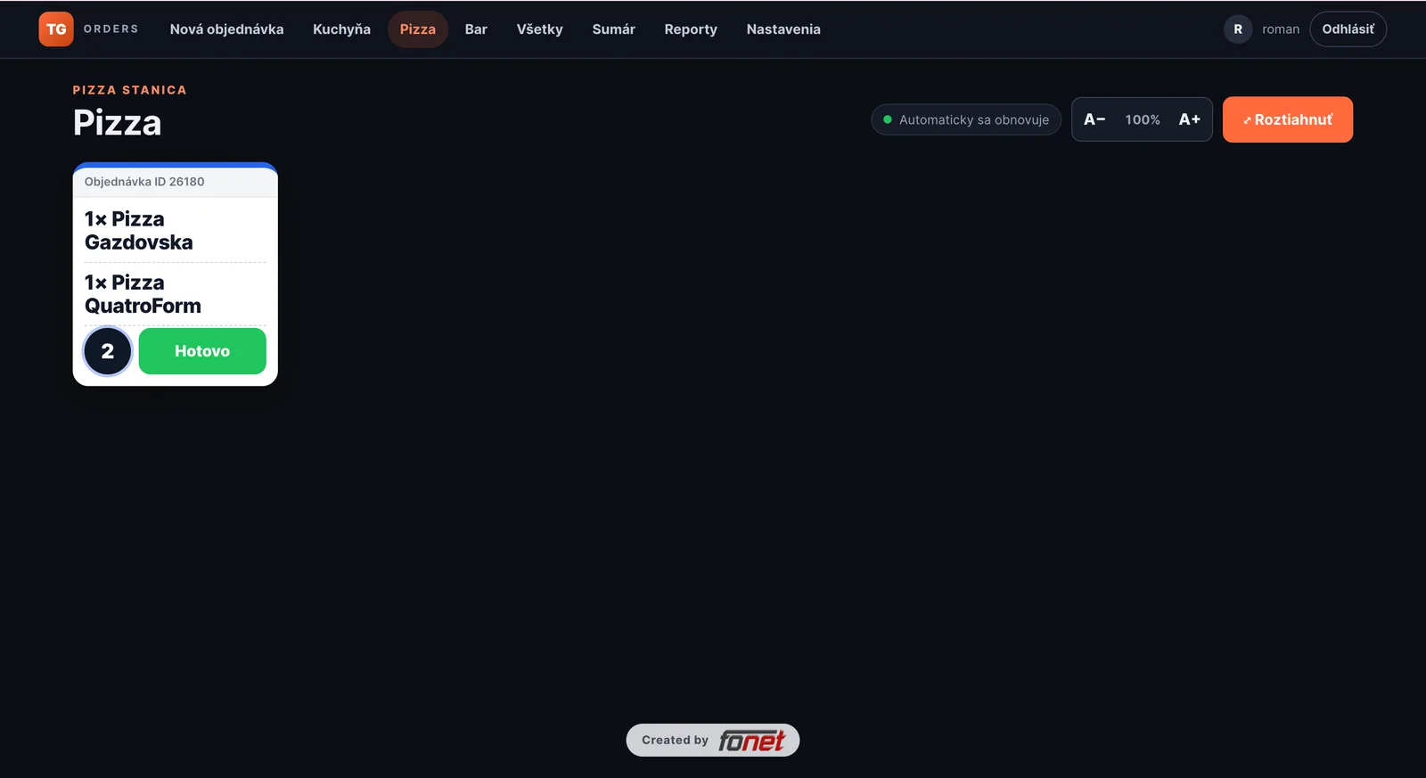 Screenshot systému TG ORDERS: Displej pizza stanice